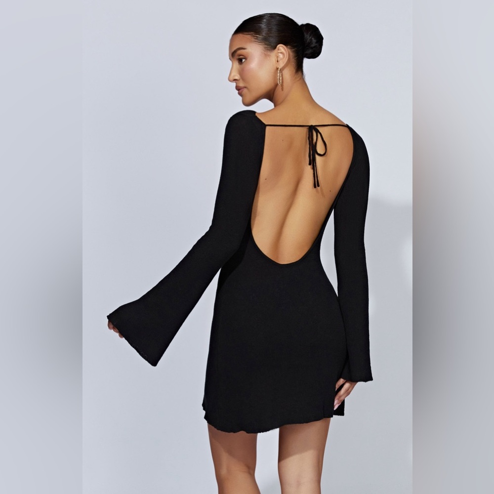 Long Sleeve Open Back Mini Knit Dress - Black
